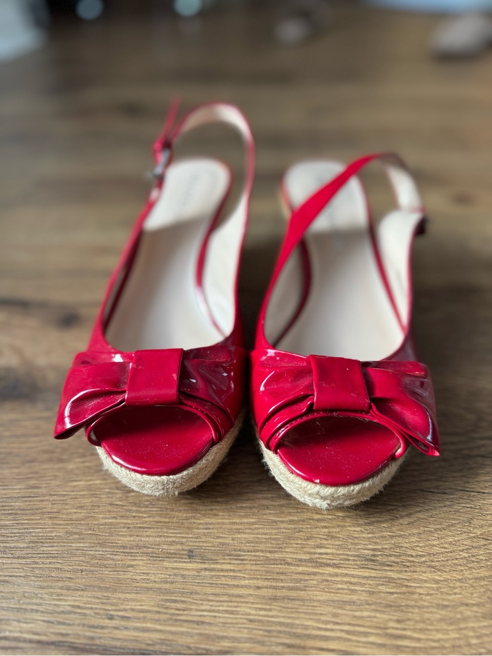 Franco Sarto Red Patent Slingback Wedge Sandals with Bow Accent